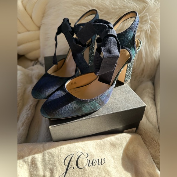 J CREW | Avery Black Watch Tartan Plaid Ankle-Tie Glitter Heels - Picture 3 of 14